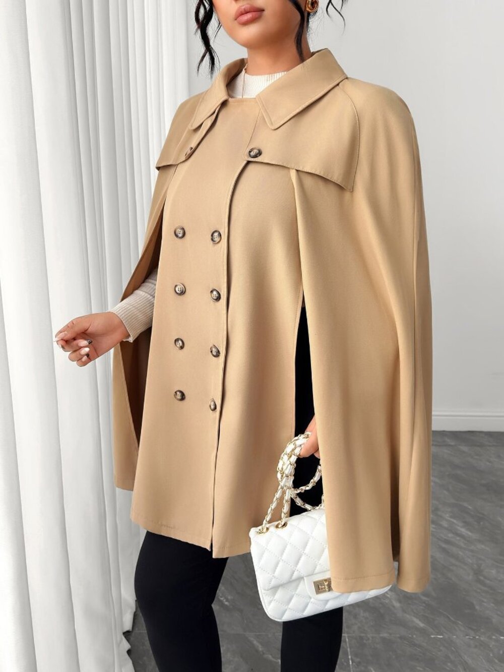 Khaki Elegant Women's Plus Size Double Breasted Cape Trench Coat